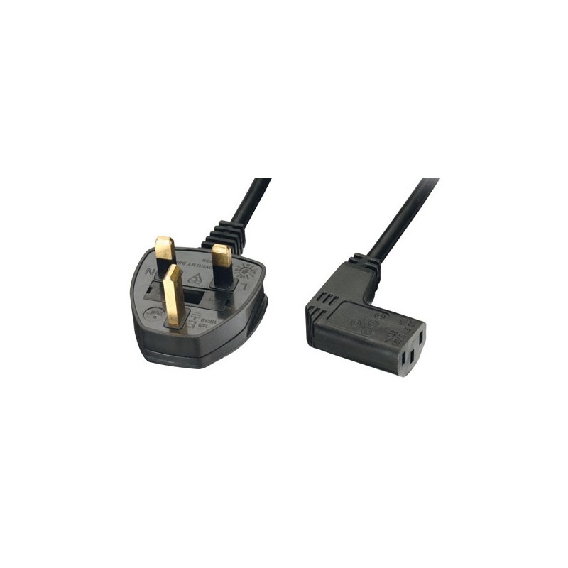 Power Cord UK Plug to Right Angle IEC C13 Cable (kettle lead) 2m